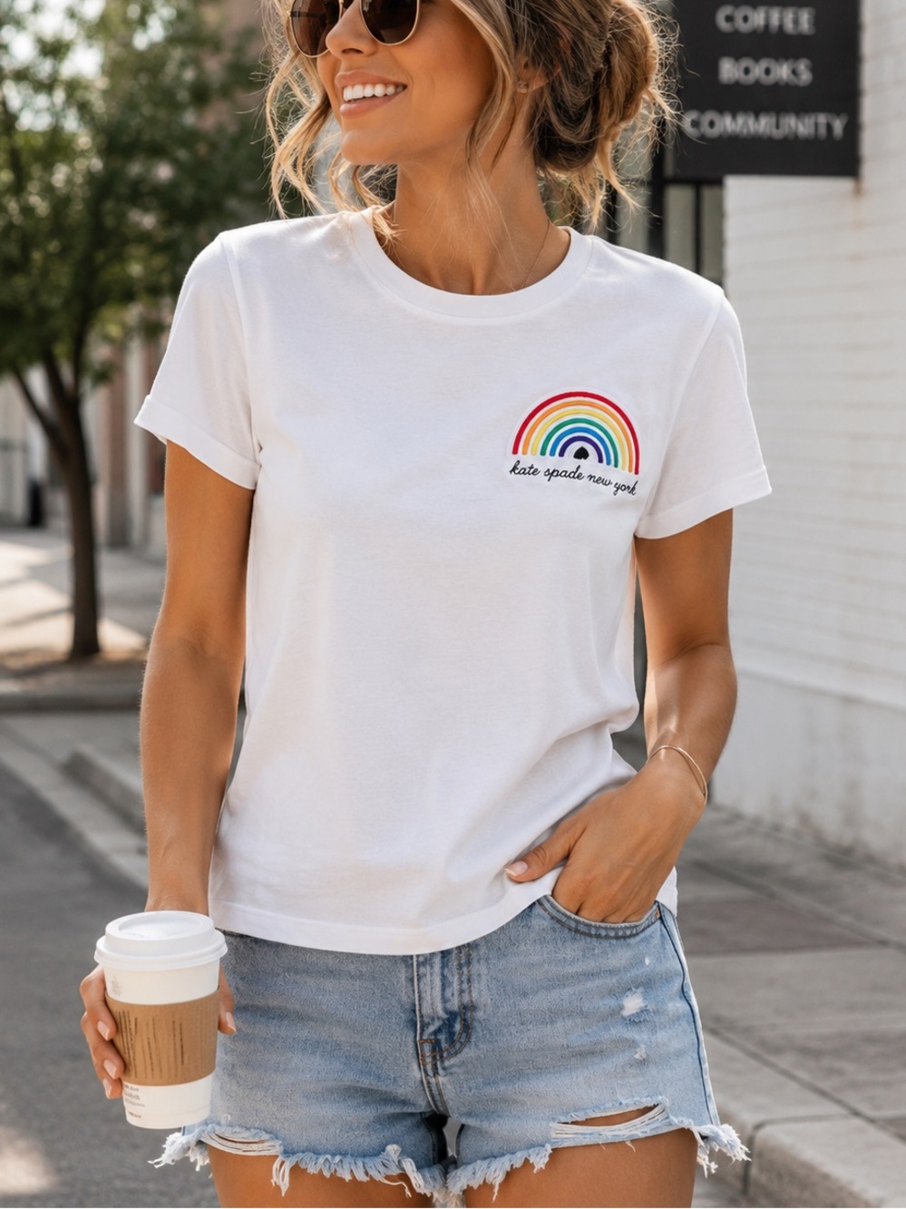 Kate Spade Rainbow Tee XXL Pride Graphic T Shirt Women White Embroidered